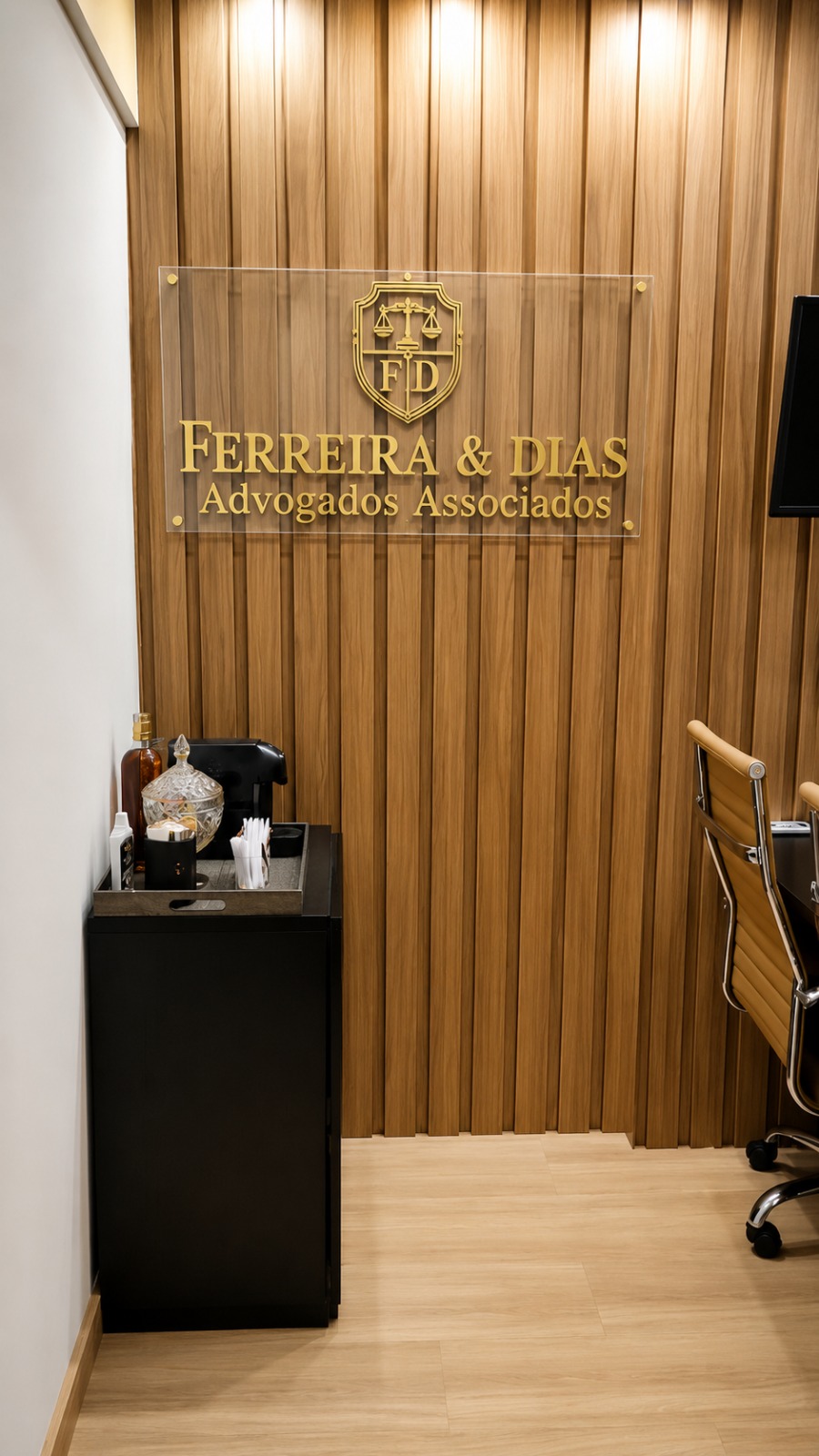 Logotipo Ferreira & Dias na parede da recepção